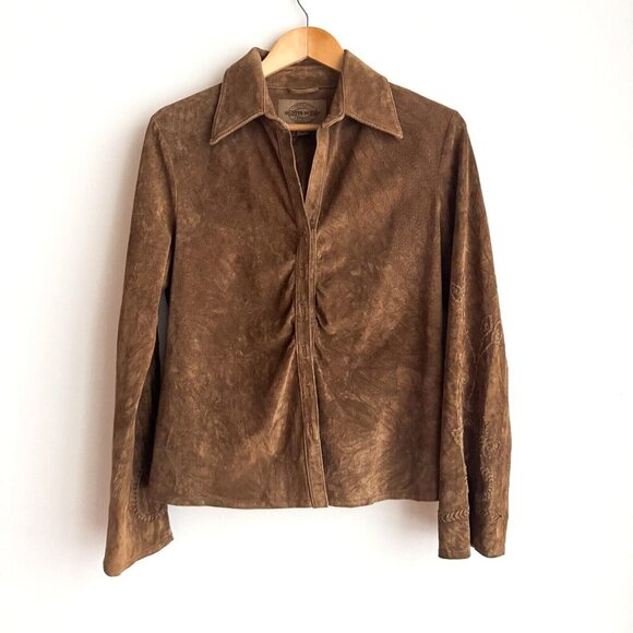 Scots Suede Washable Suede Brown Embroidered Button down Shirt M - Picture 1 of 9